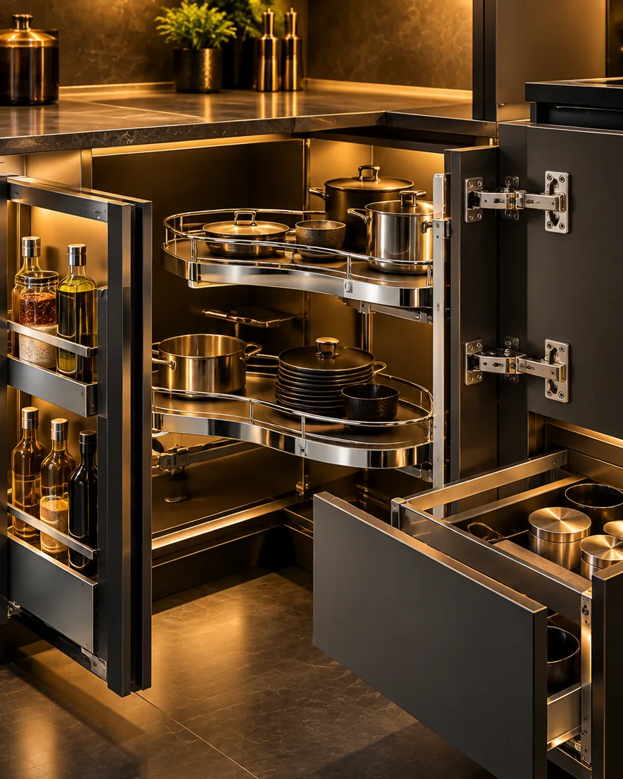 Luxury kitchen hardware: magic corner, bottle pull-out, soft-close drawers and hinges