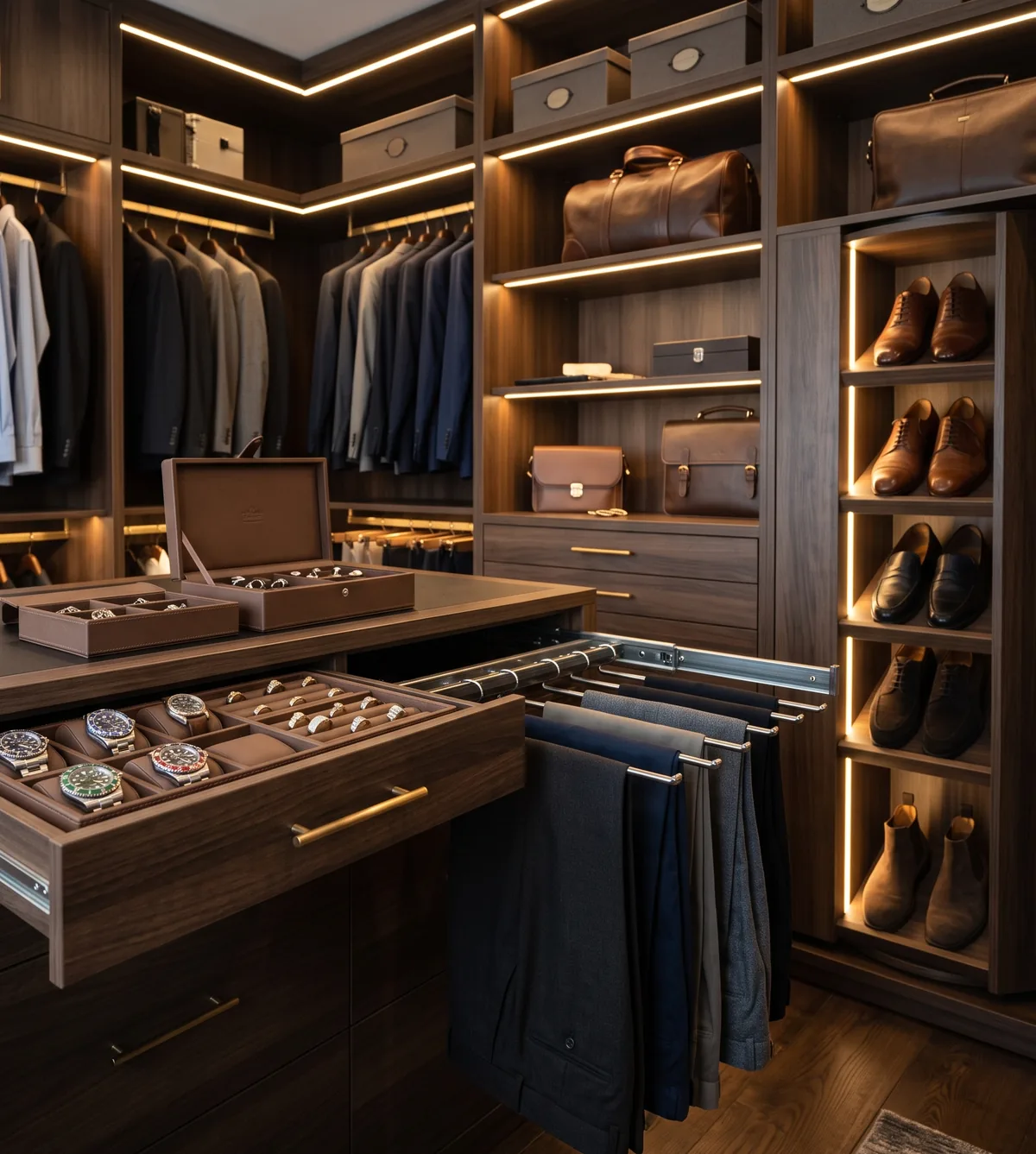 Luxury wardrobe accessories: jewellery organiser, trouser pull-out and shoe rack